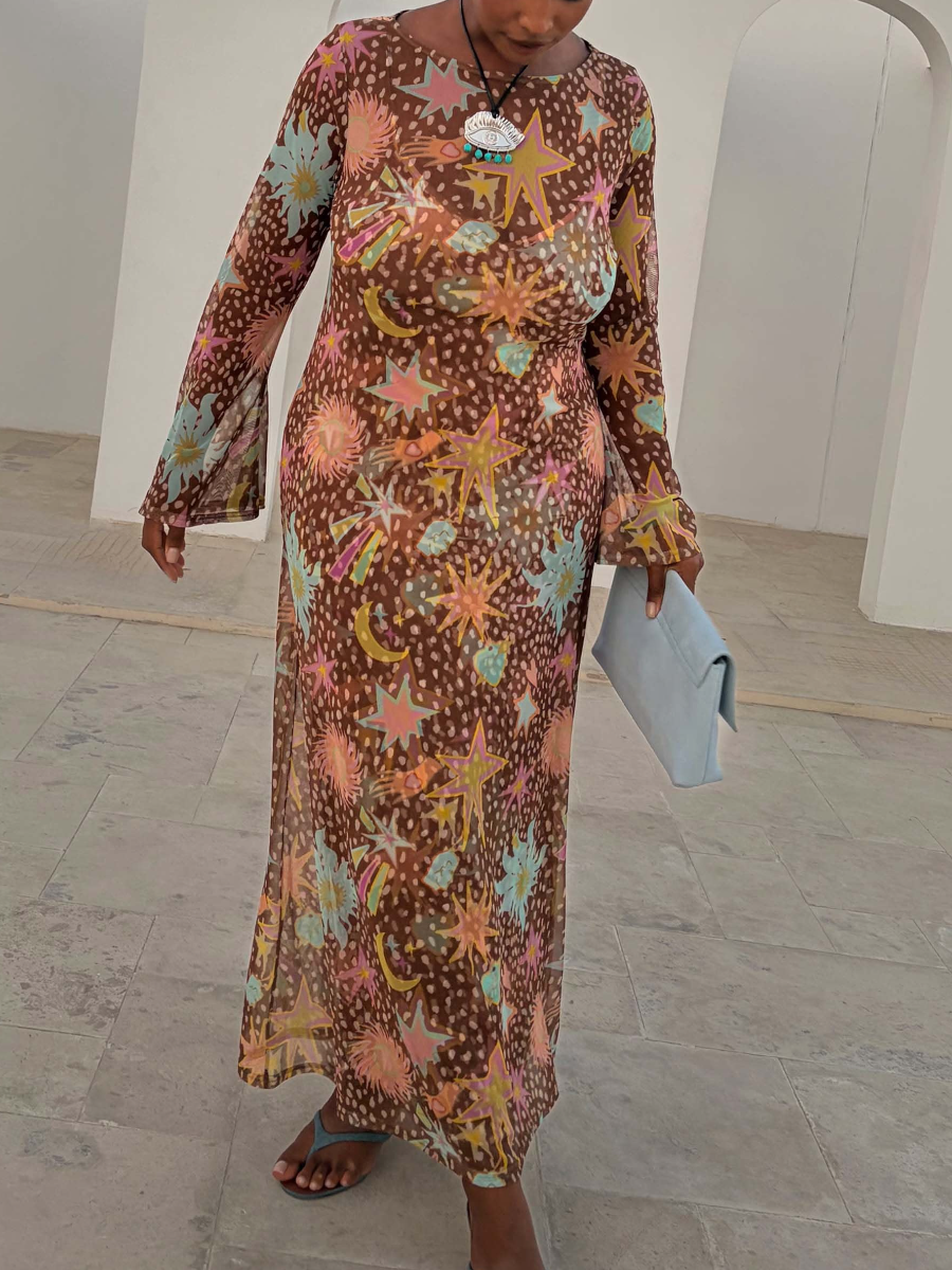 Celestial Starlight Mesh Long Sleeve Maxi Dress