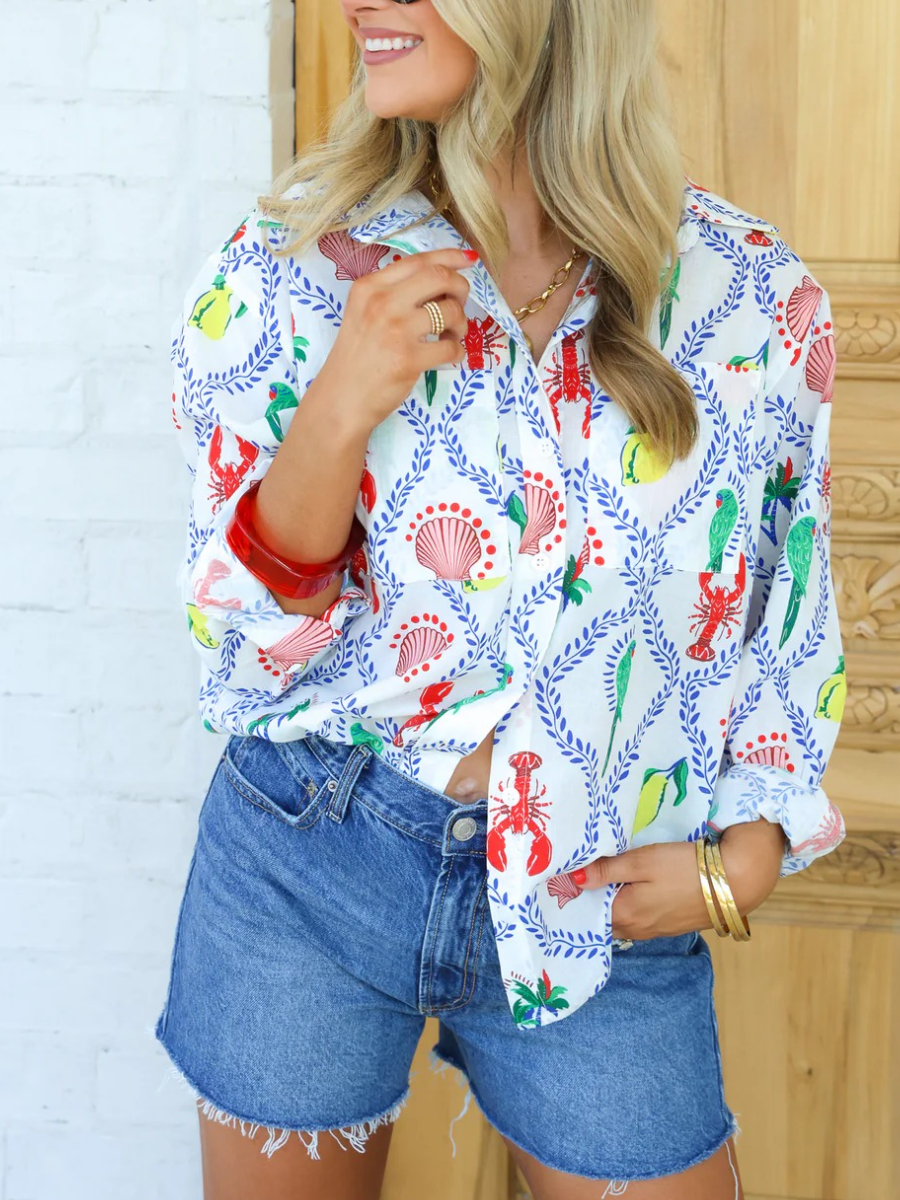 Playful Tropical & Nautical Print Button-Down Shirt
