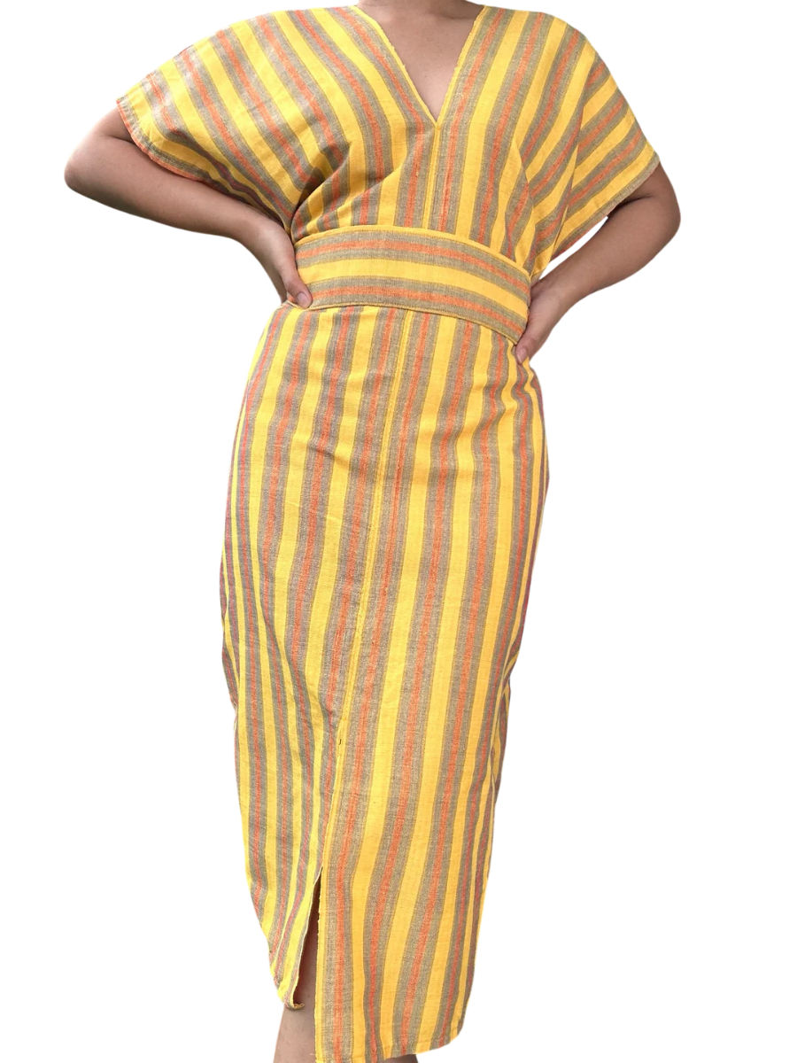 Sunlit Stroll | Multi-Stripe V-Neck Belted Midi Dress