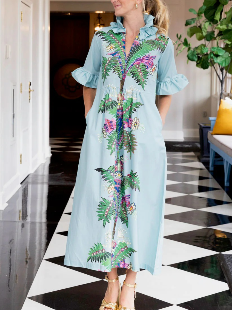 Tropical Palm Print Ruffle Collar Midi Dress
