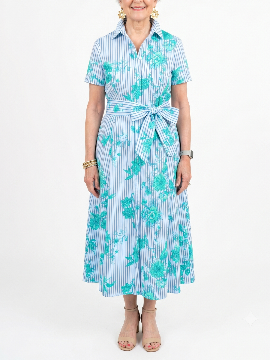 Teal Floral Stripe Short Sleeve Belted Midi Shirt Dress