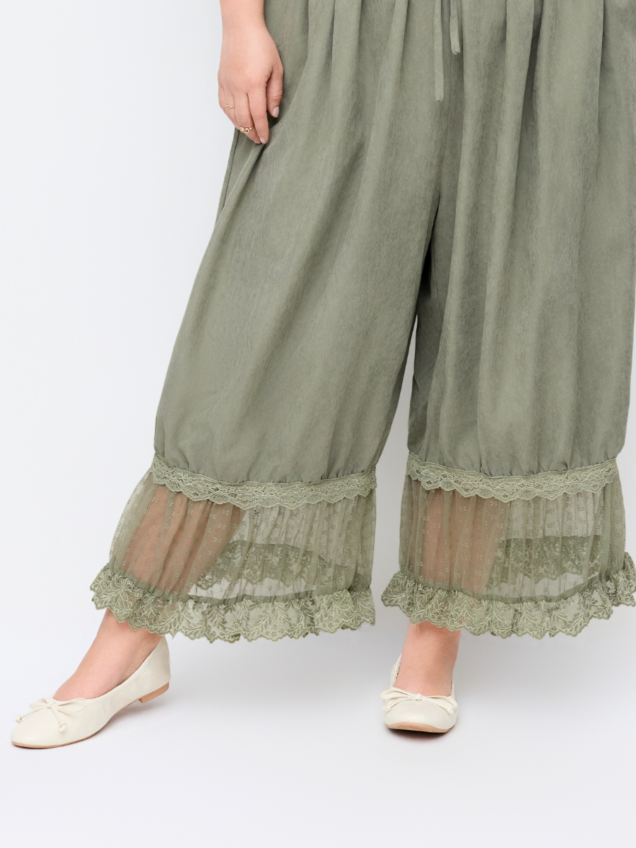Olive Green Lace Trim Cami And Wide Leg Pants Set