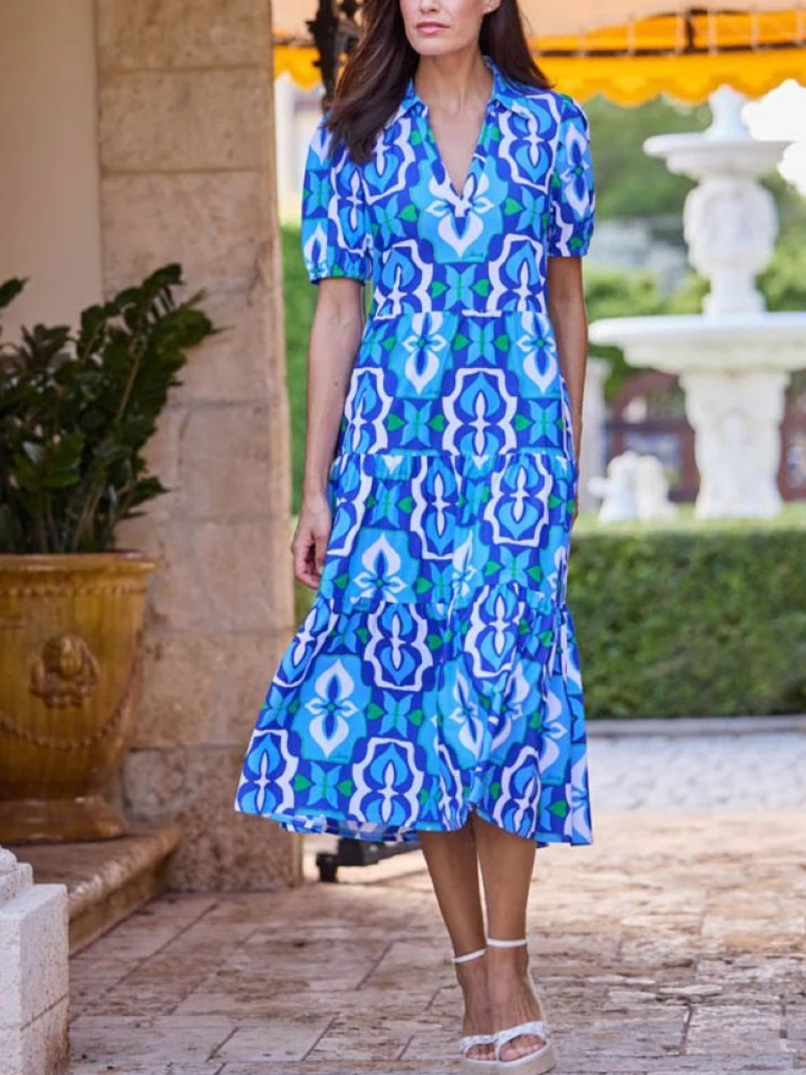 Cobalt Blue Geometric Tile Tiered Midi Dress