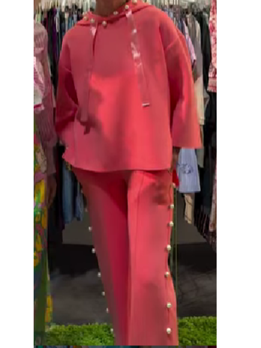 Hooded Pearl-Embellished Pants Suit