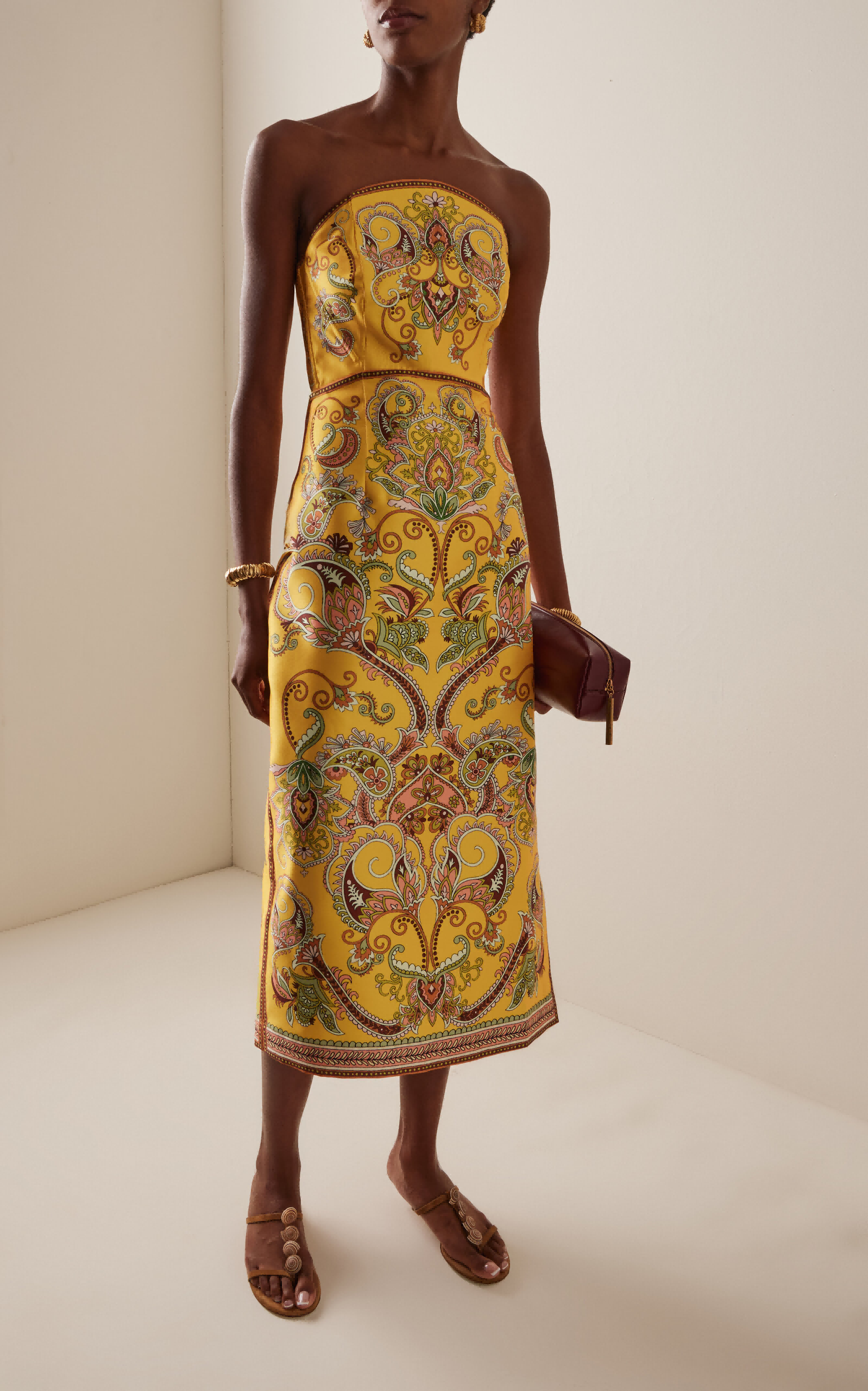 Strapless printed twill midi skirt