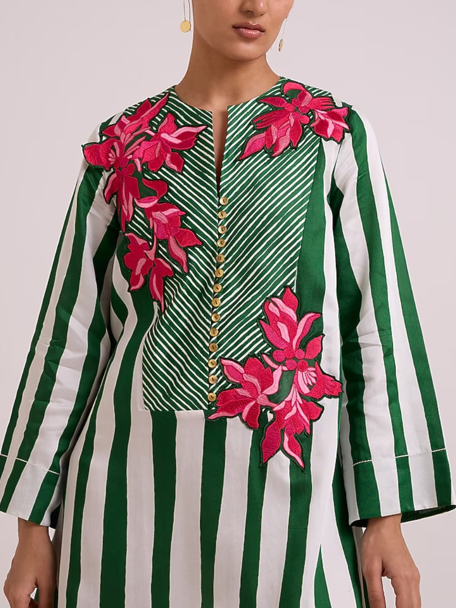 Multi-Colored Bemberg Cotton Satin Floral Printed Dress