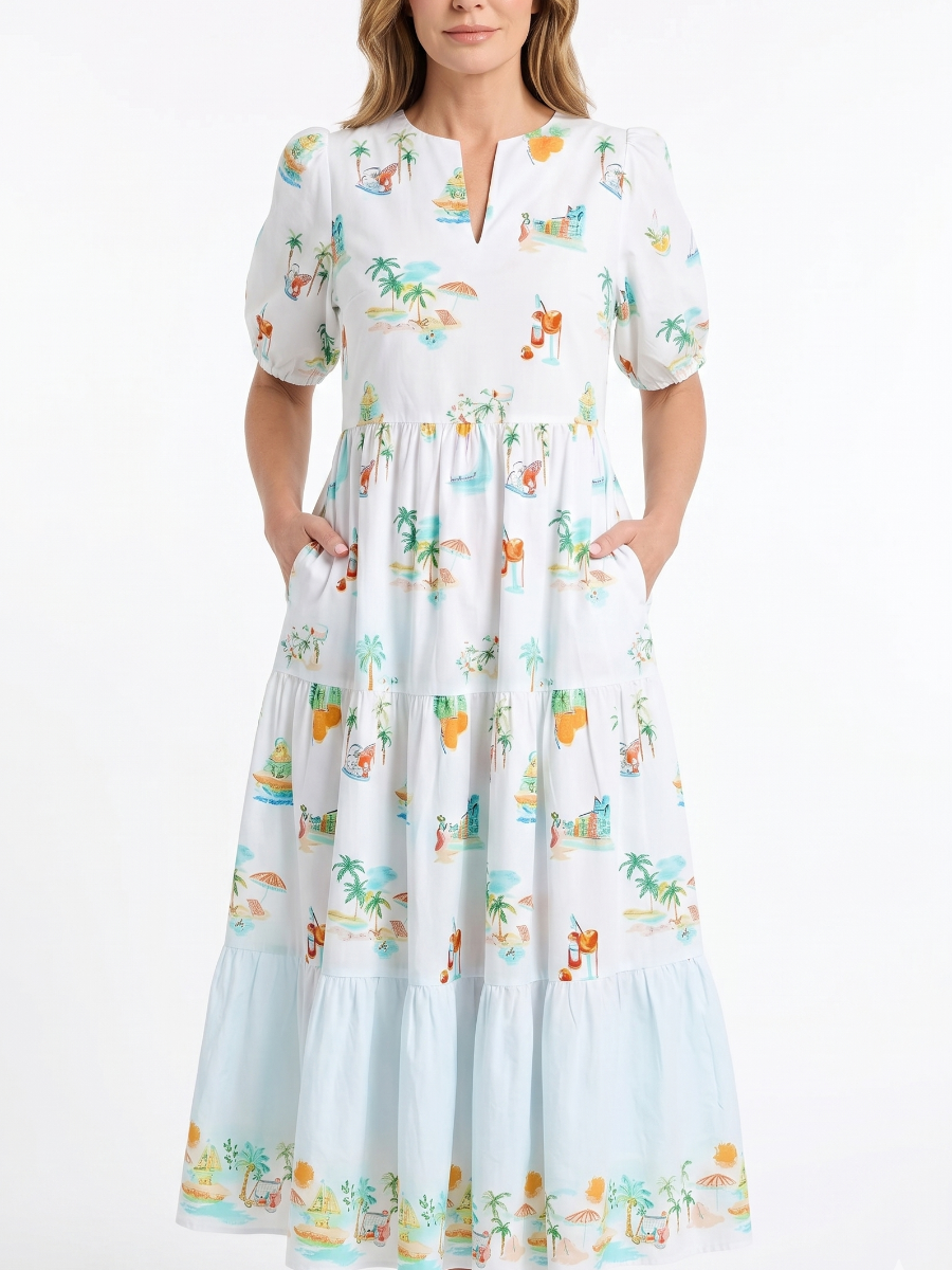 Notched V-Neck Tropical Print Puff Sleeve Midi Dress