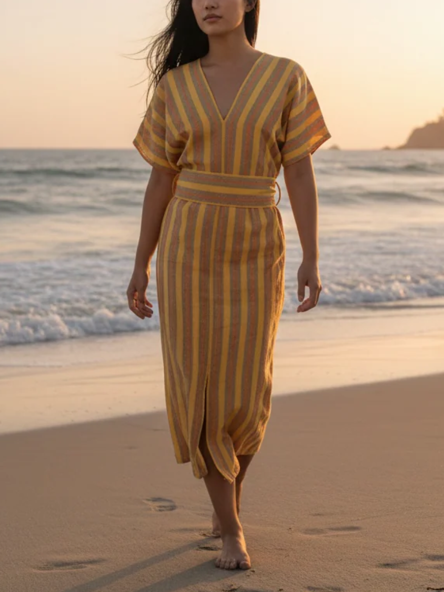 Sunlit Stroll | Multi-Stripe V-Neck Belted Midi Dress