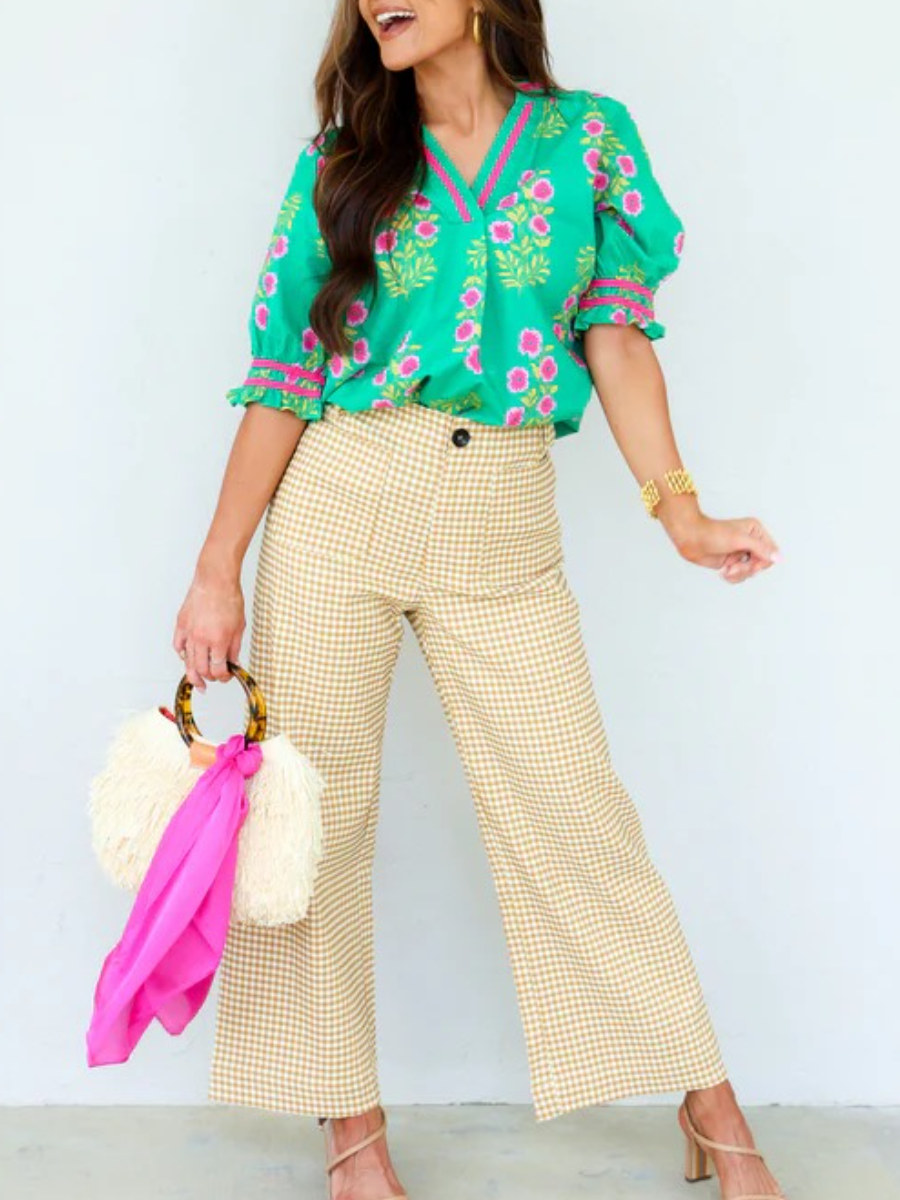 Vibrant Green & Pink Floral Block-Print V-Neck Blouse
