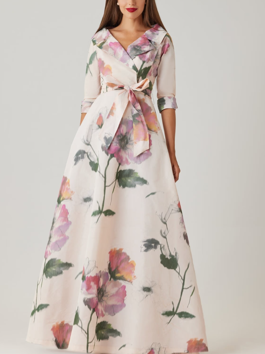 Exquisite Watercolor Floral Print Wrap-Style Evening Gown