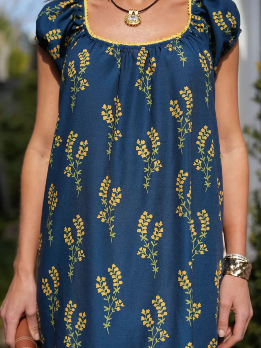 Navy & Yellow Floral Scoop Neck Maxi Dress