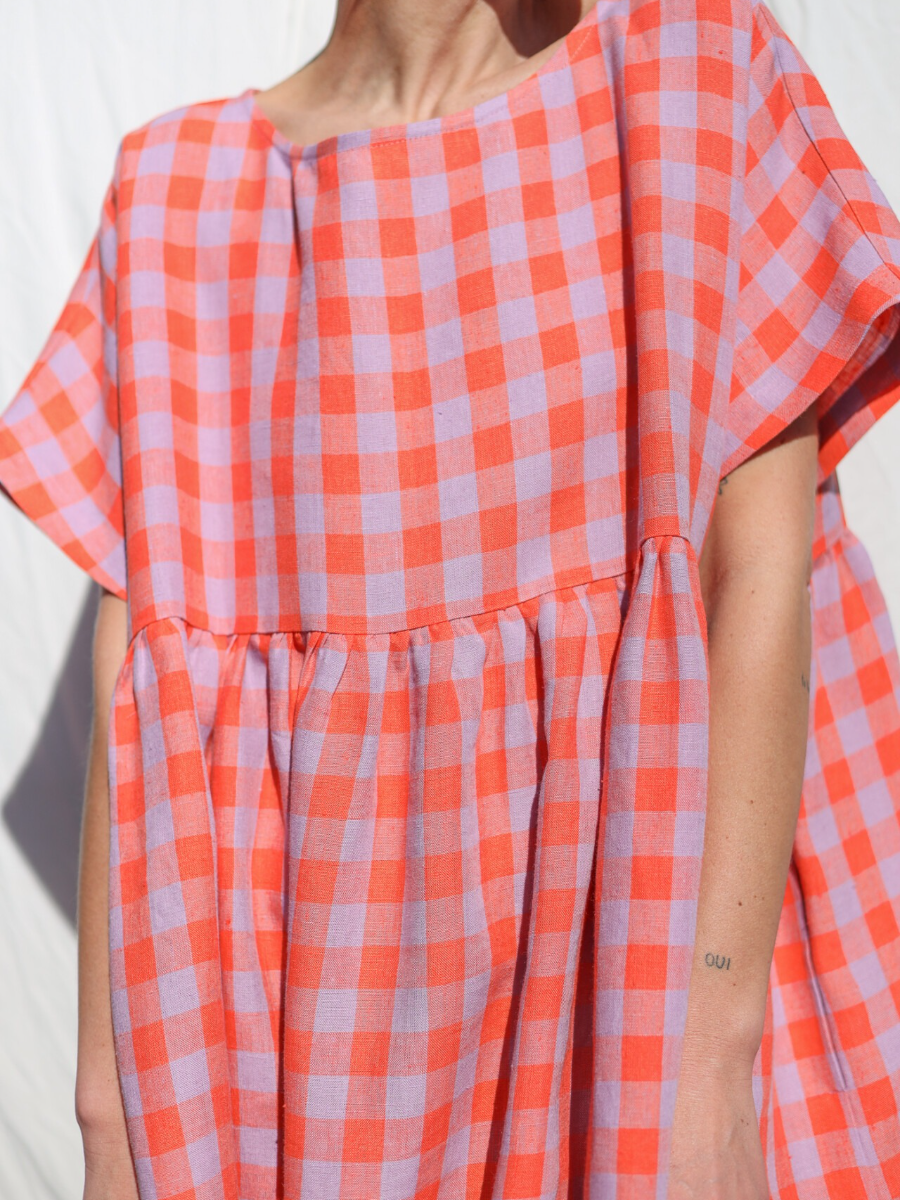Oversized Red & Pink Gingham Smocked Midi Dress