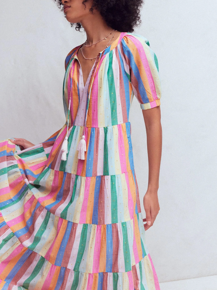 Rainbow Stripe V-Neck Tassel Tie Tiered Maxi Dress