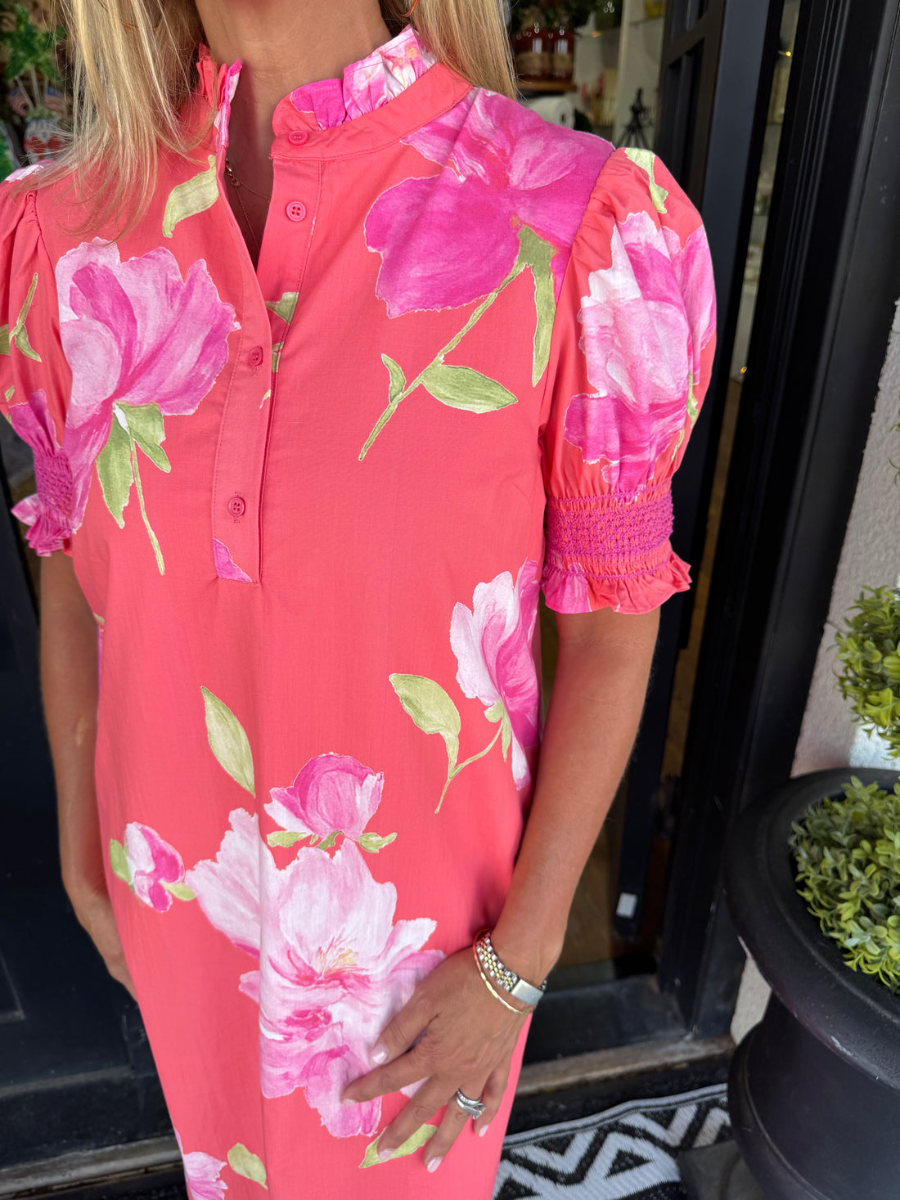 Vibrant Pink Floral Puff Sleeve Midi Dress