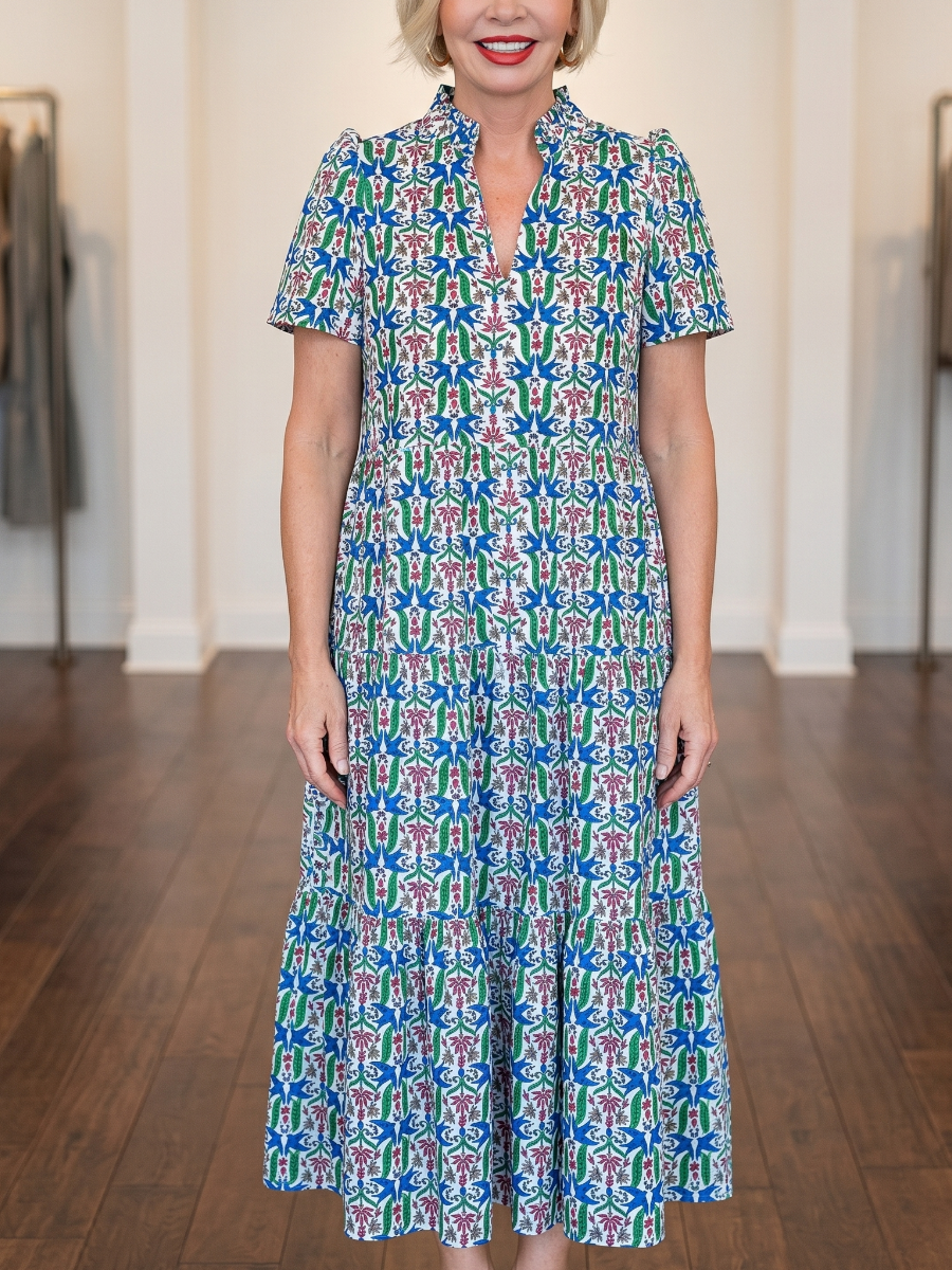 Tropical Aviary Tiered Ruffle Midi Dress