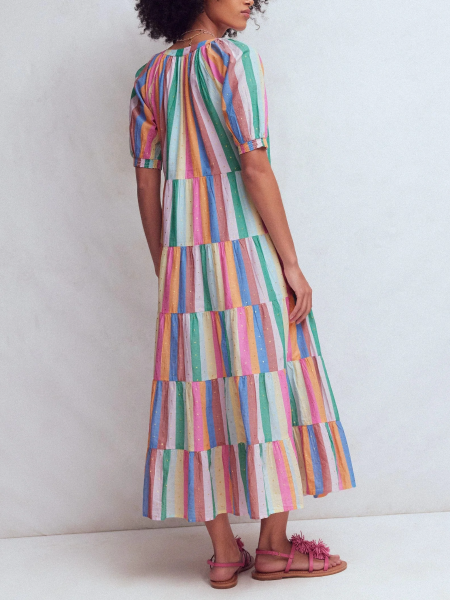 Rainbow Stripe V-Neck Tassel Tie Tiered Maxi Dress
