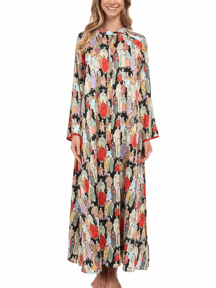 Vintage Hanbok Character Print Long Robe Dress - Black Straight-Cut With Red Piping