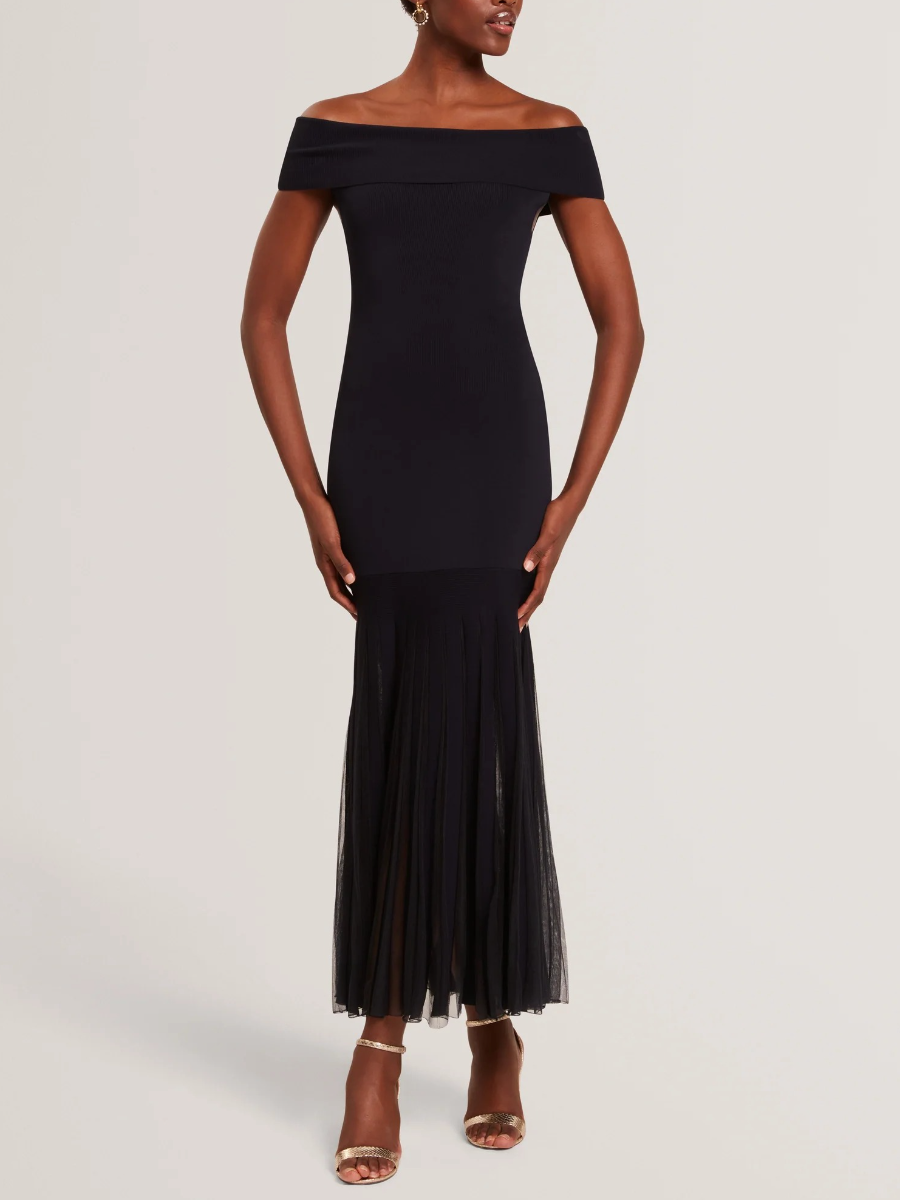 Suannaa Dropped Waist Off The Shoulder Knit Dress