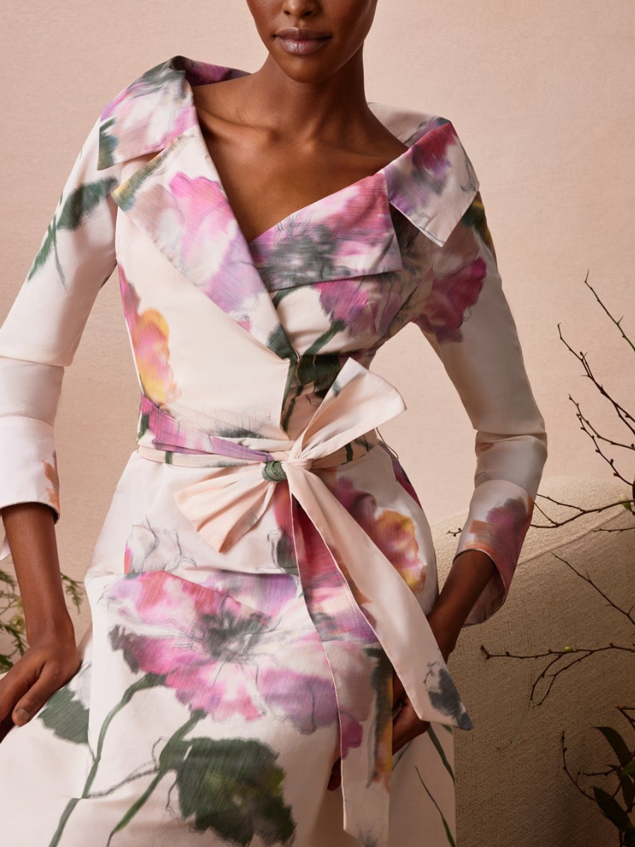 Exquisite Watercolor Floral Print Wrap-Style Evening Gown