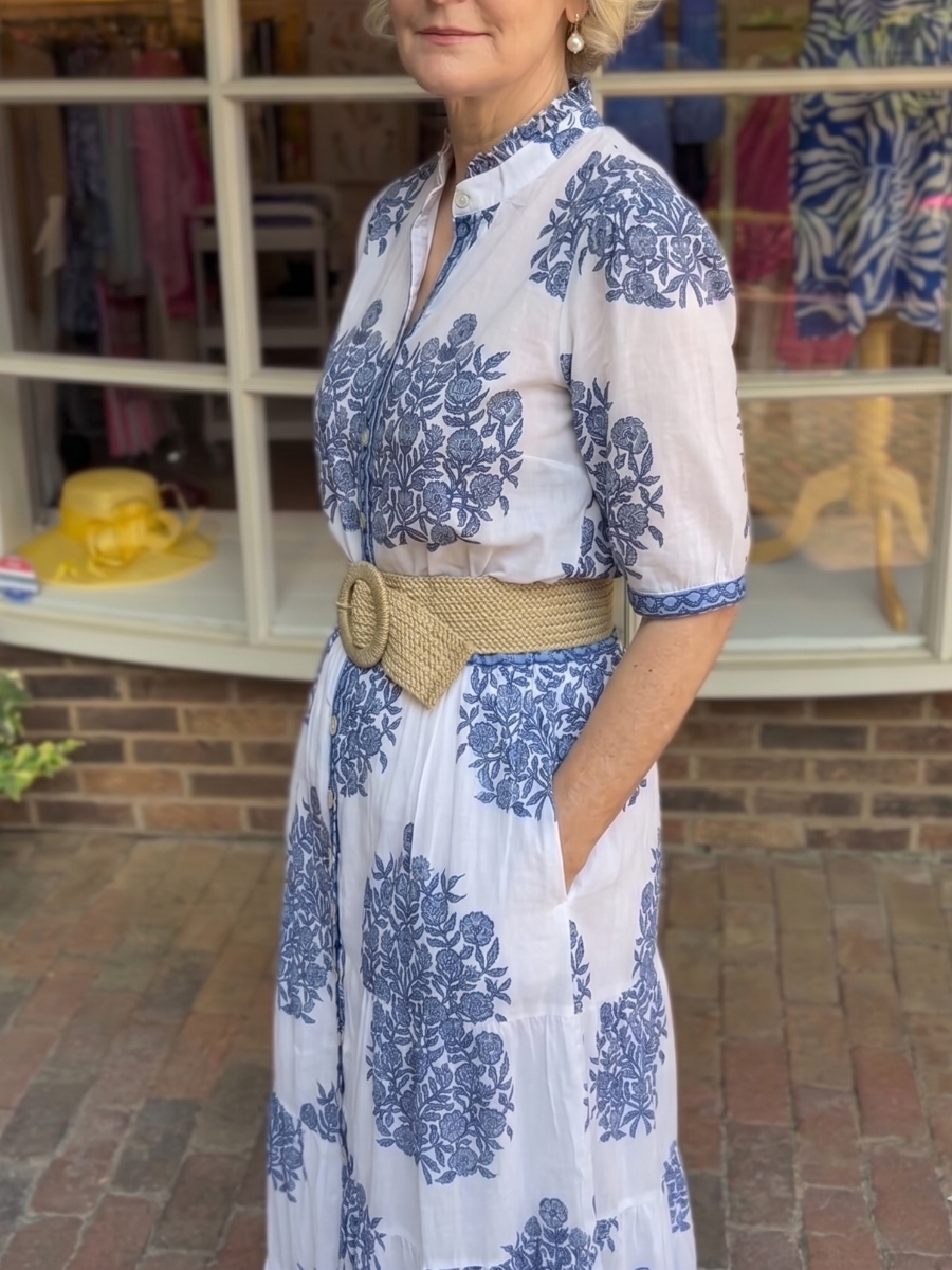 Blue And White Floral Block Print Two-Piece Maxi Skirt Set