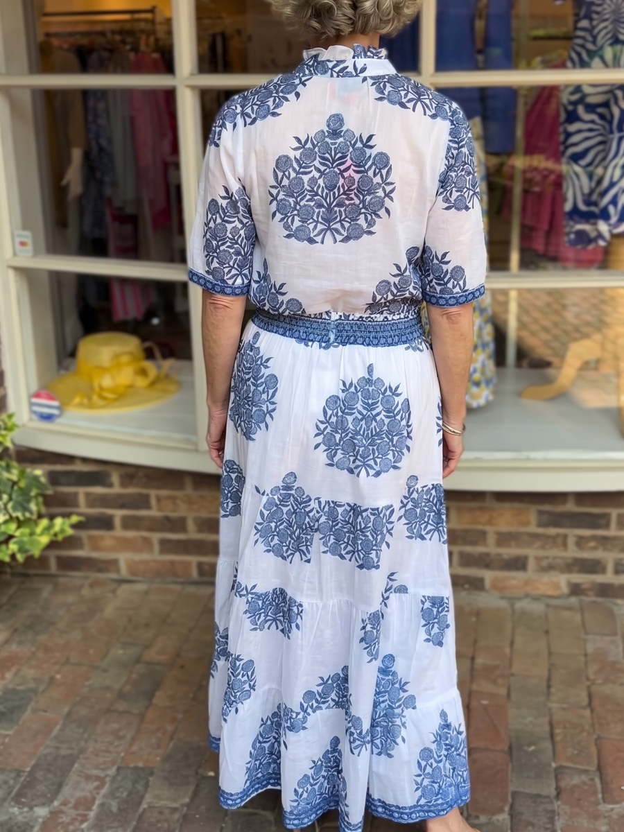 Blue And White Floral Block Print Two-Piece Maxi Skirt Set