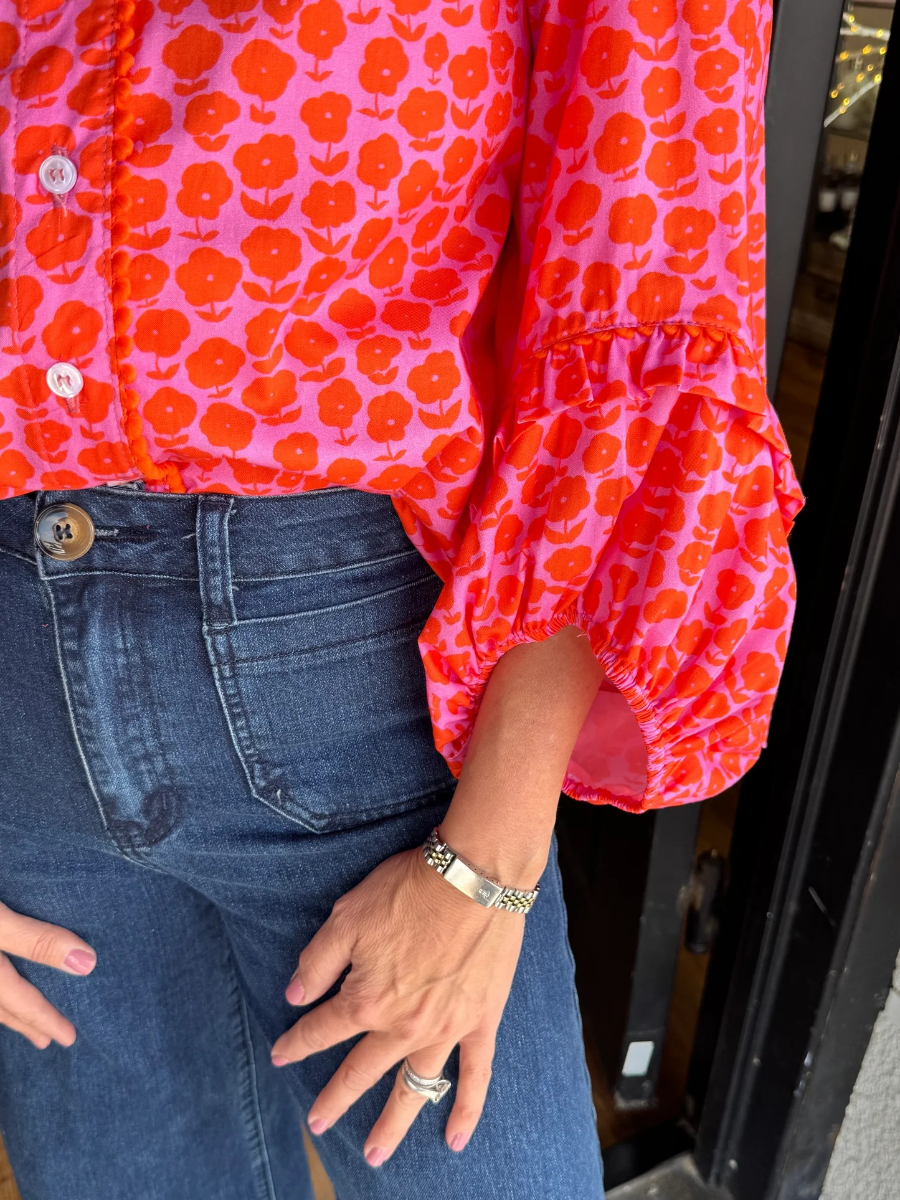 Floral Print Ruffled Collar Bell Sleeve Blouse