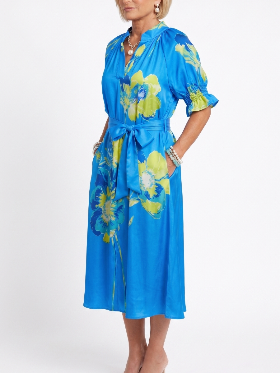 Bright Blue Lime Yellow Floral Print Belted Midi Dres