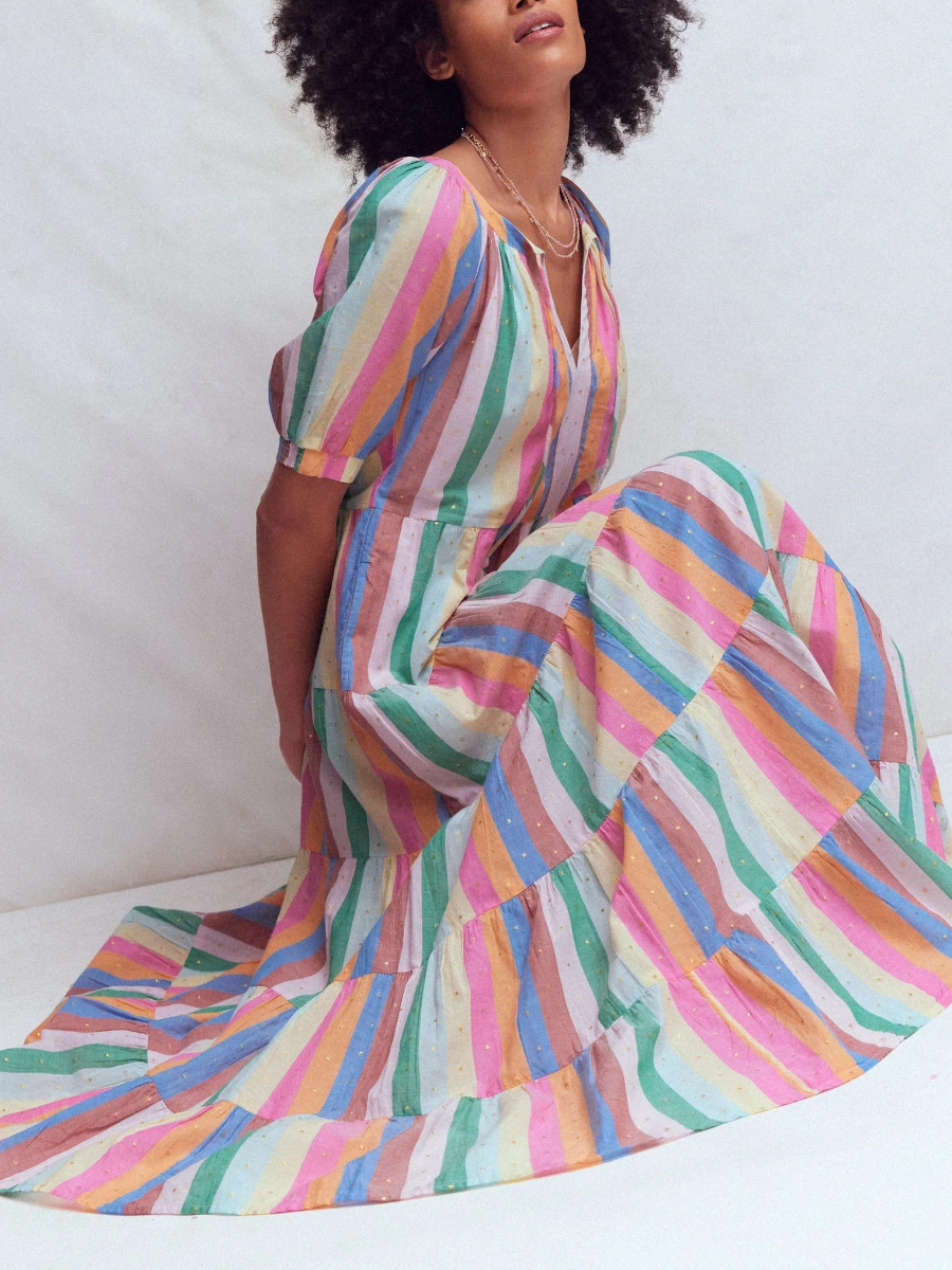Rainbow Stripe V-Neck Tassel Tie Tiered Maxi Dress