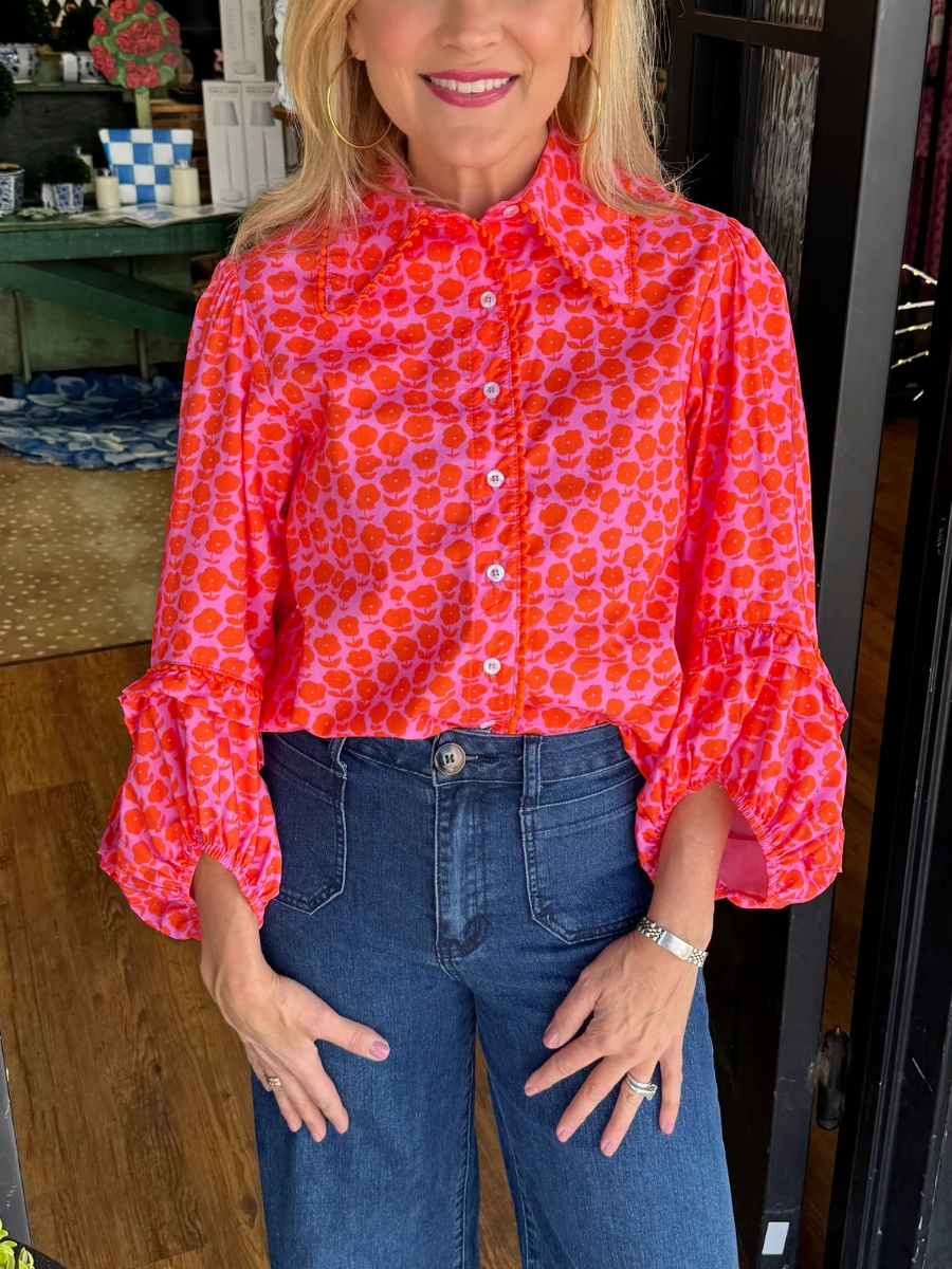 Floral Print Ruffled Collar Bell Sleeve Blouse