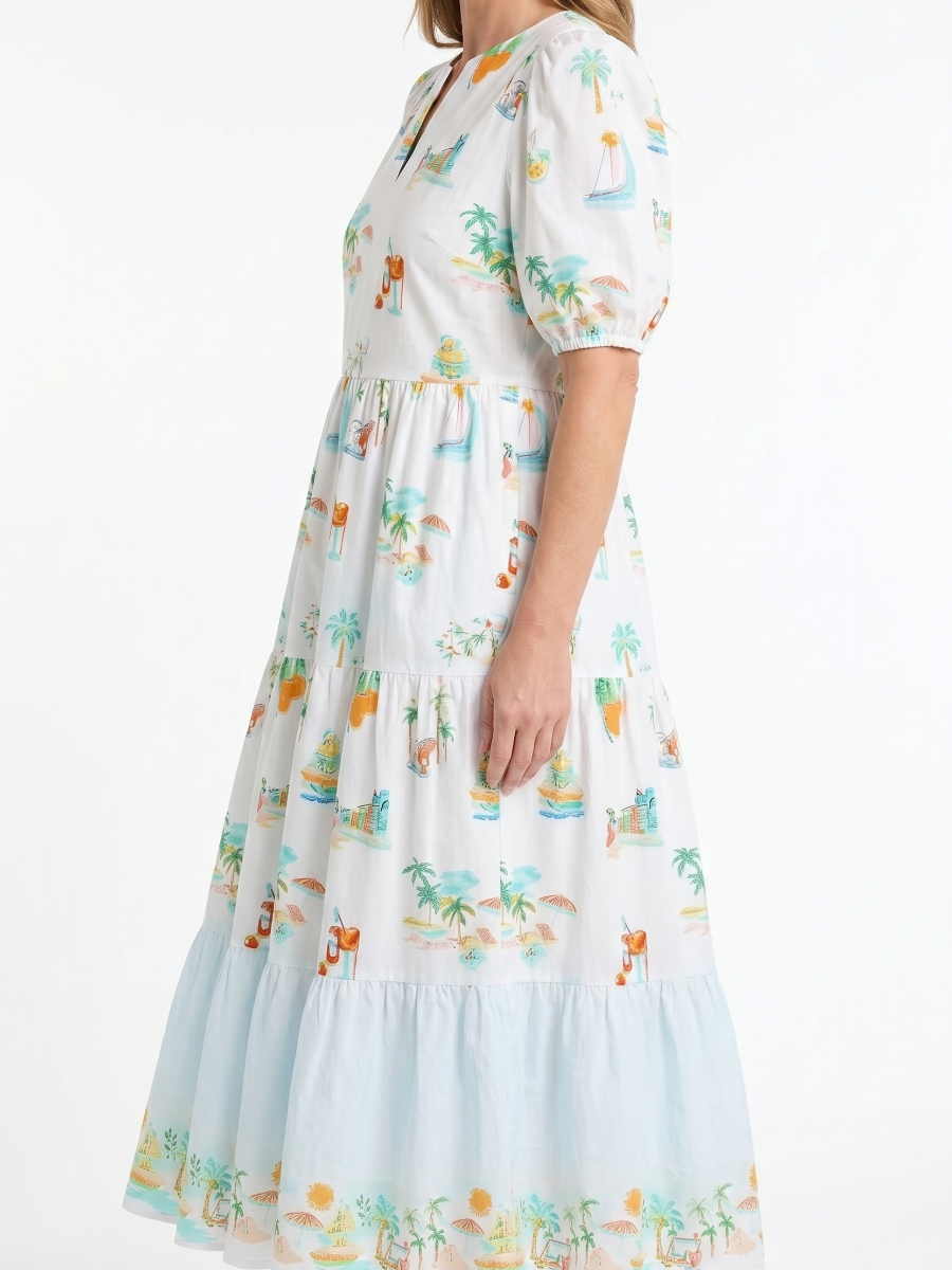 Notched V-Neck Tropical Print Puff Sleeve Midi Dress