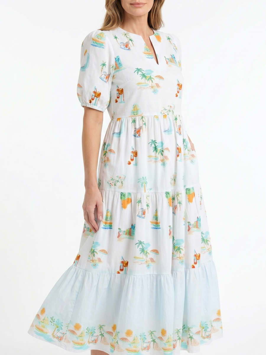 Notched V-Neck Tropical Print Puff Sleeve Midi Dress