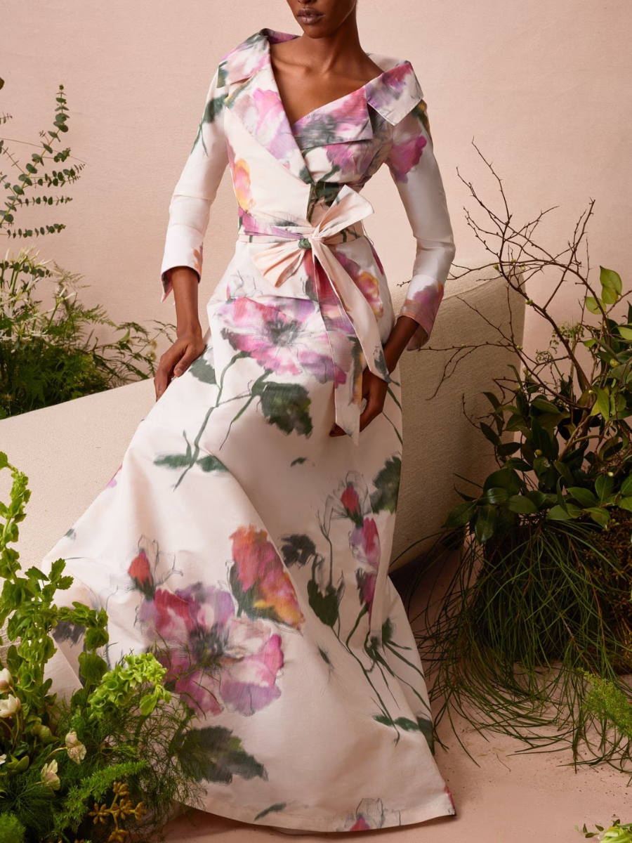Exquisite Watercolor Floral Print Wrap-Style Evening Gown