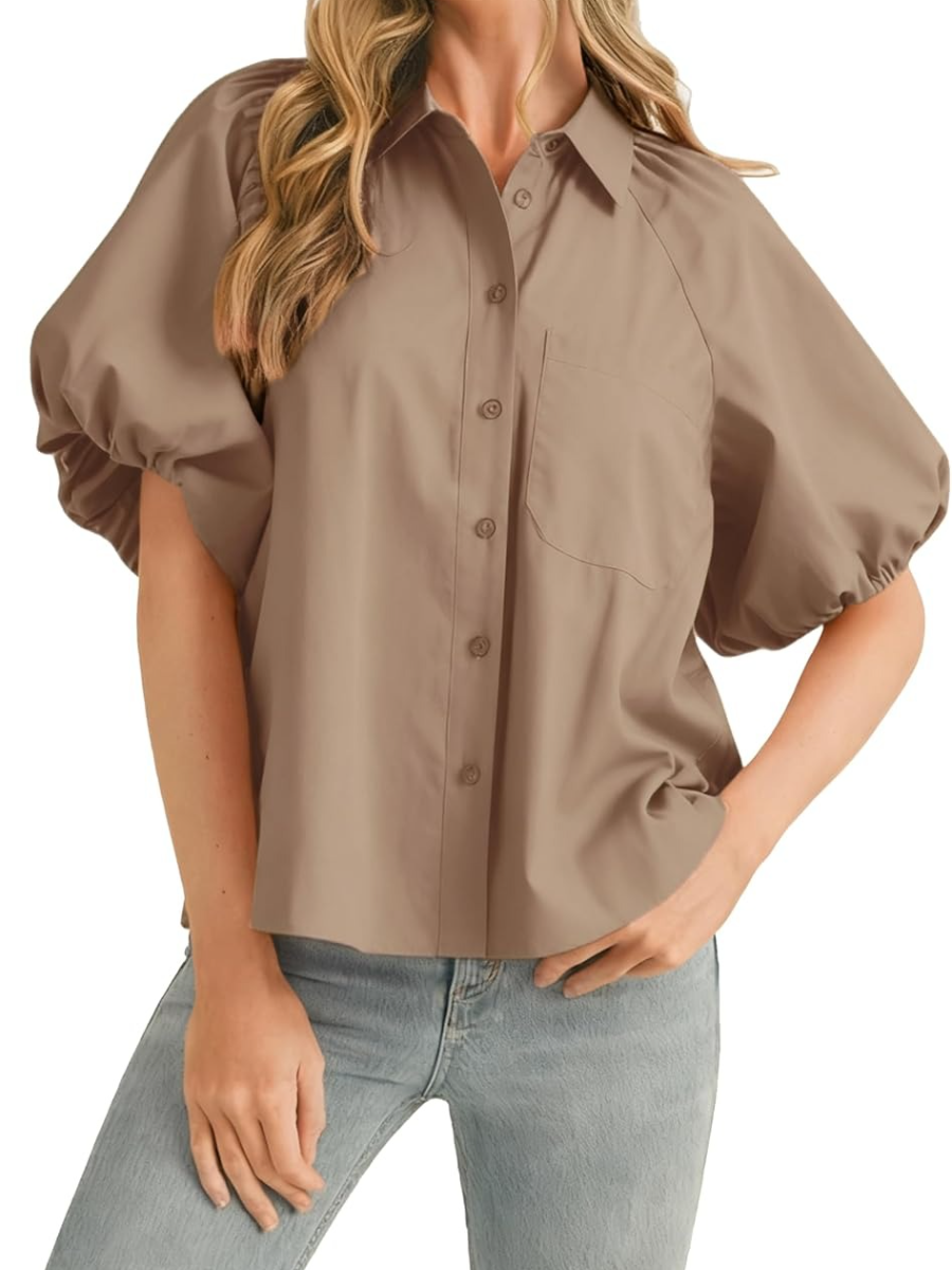 Khaki Puff Sleeve Button-Down Shirt