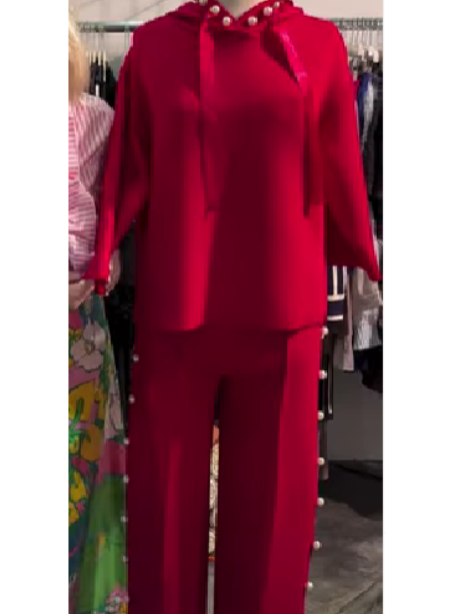 Hooded Pearl-Embellished Pants Suit