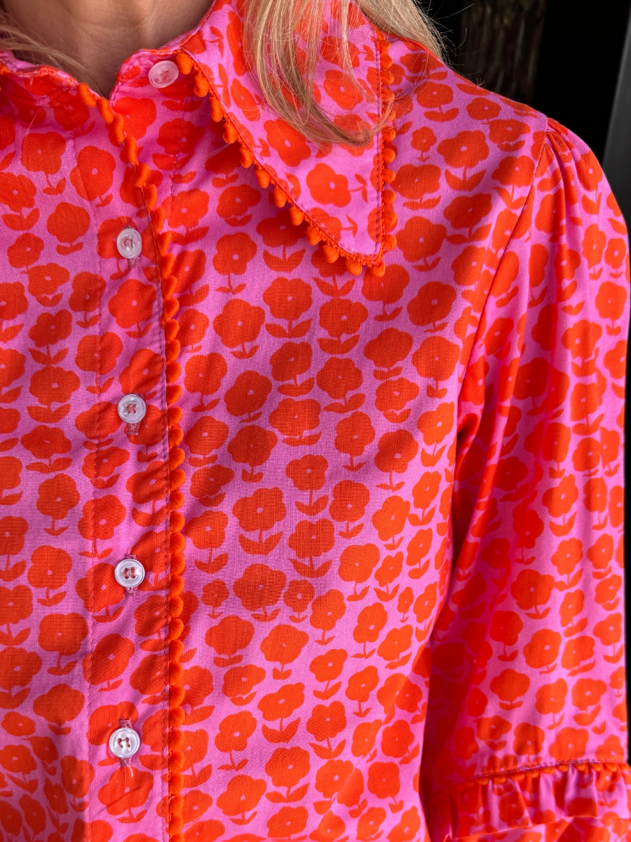 Floral Print Ruffled Collar Bell Sleeve Blouse