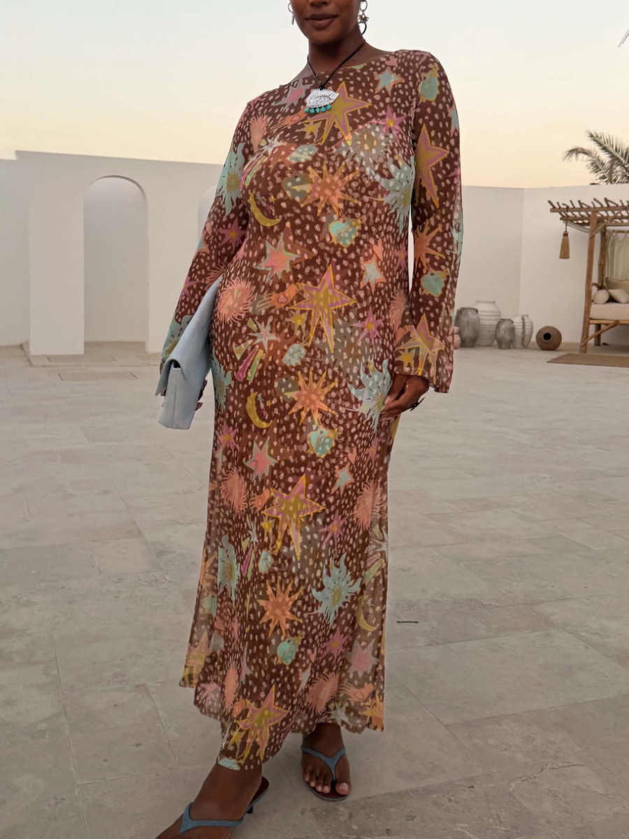 Celestial Starlight Mesh Long Sleeve Maxi Dress