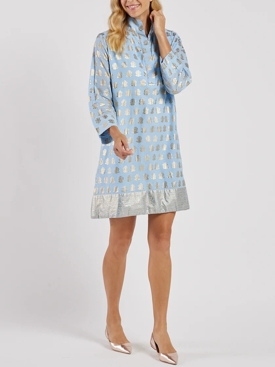 Metallic Elegance | Light Blue Gold Foil Print Tunic Dress