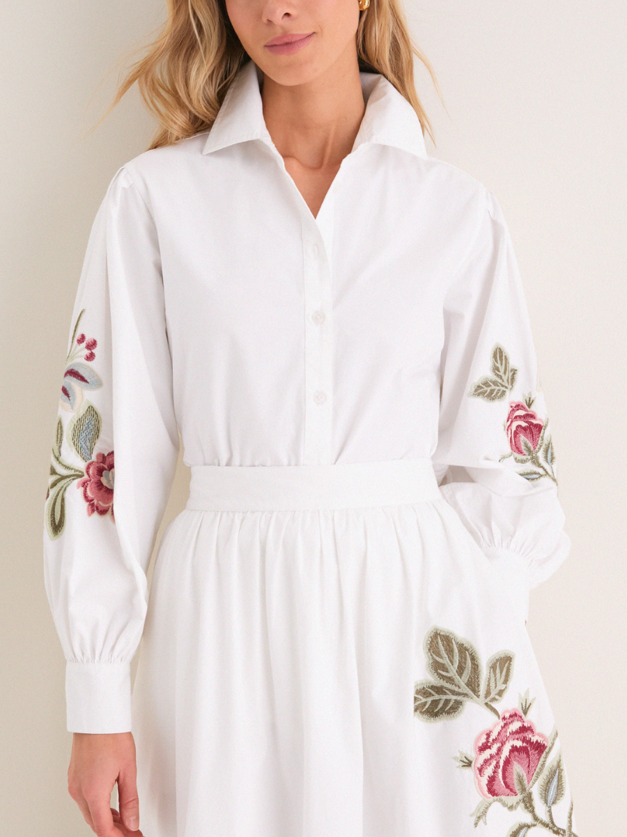 White Botanical Embroidered Two-Piece Set | Puff Sleeve Button-Down & High-Waist Skirt