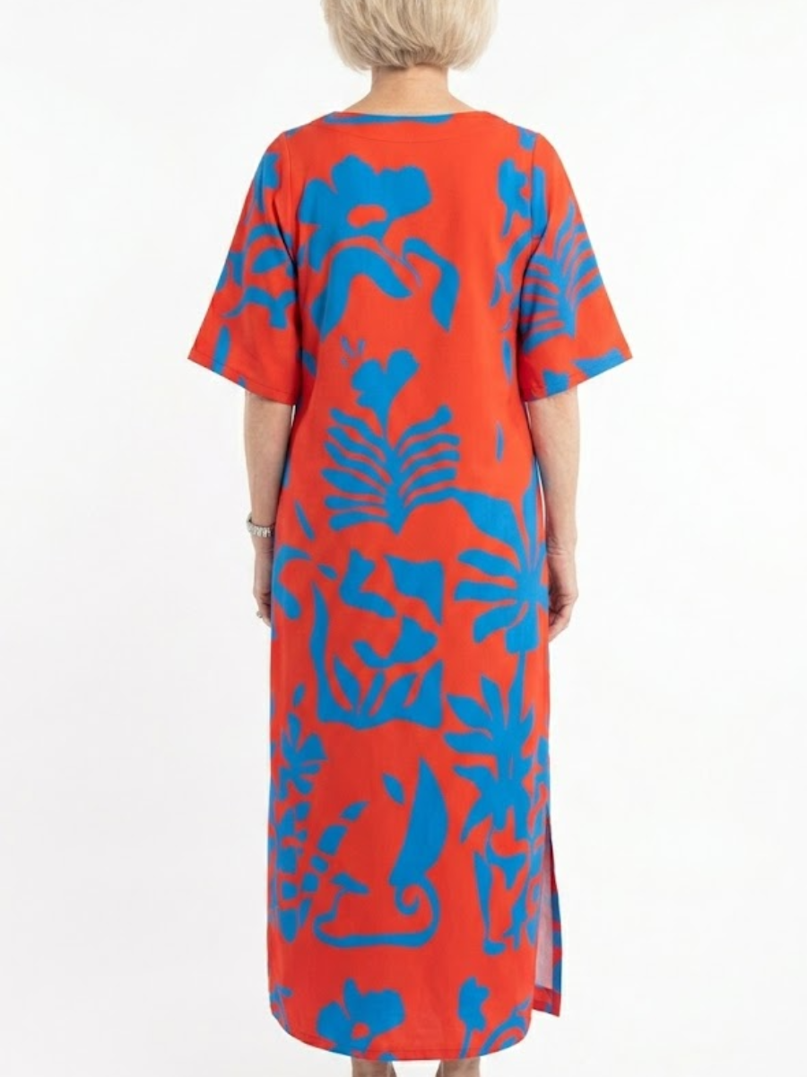 Vibrant Red And Blue Abstract Floral Tunic Maxi Dress With Side Slit