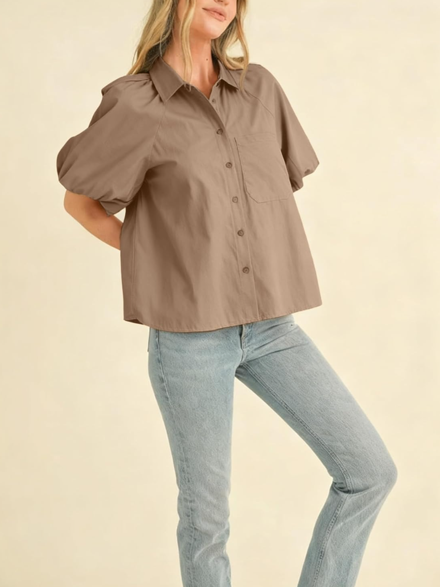Khaki Puff Sleeve Button-Down Shirt