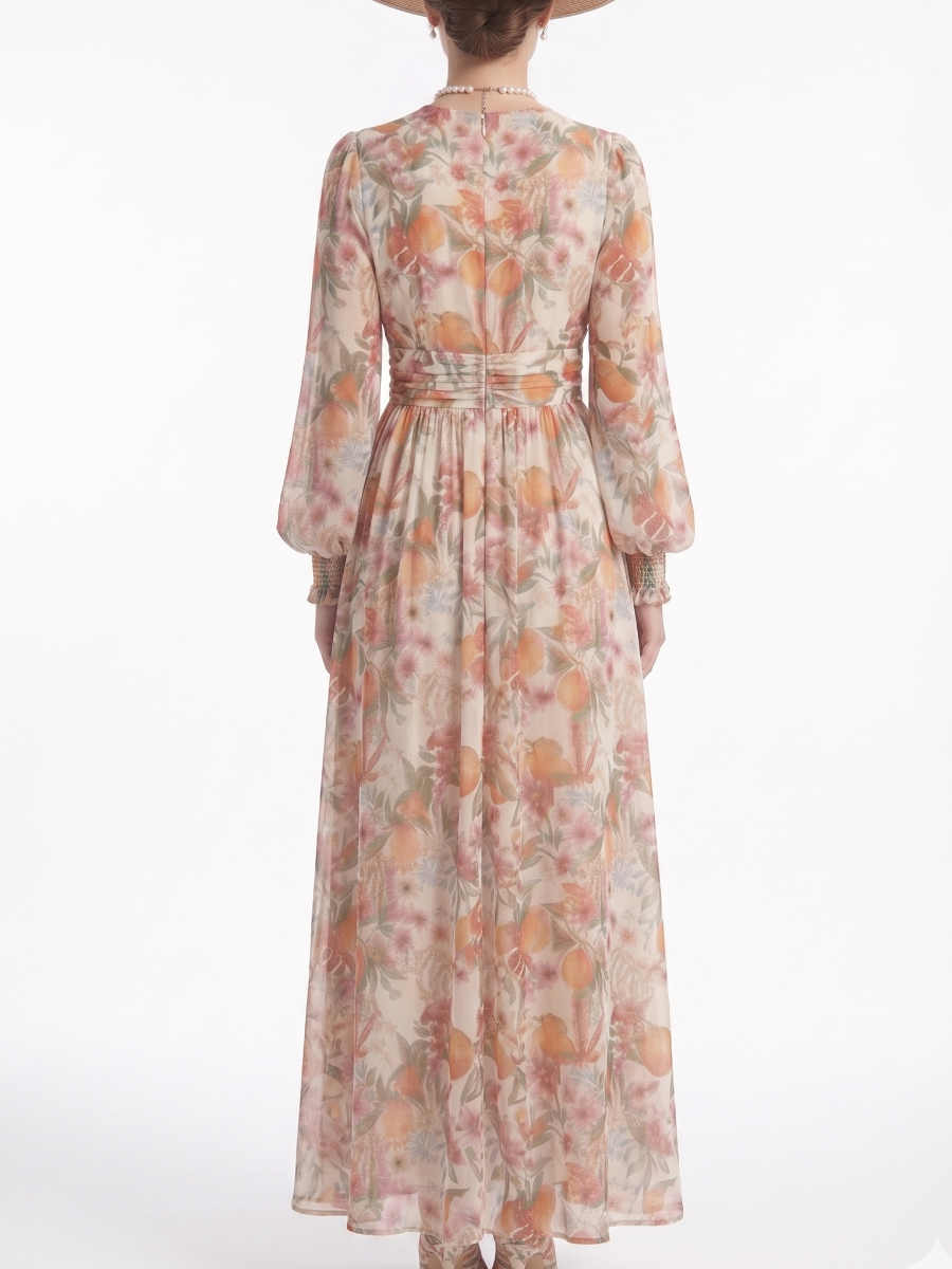 Cream Citrus & Floral Print Collared V-Neck Maxi Dress
