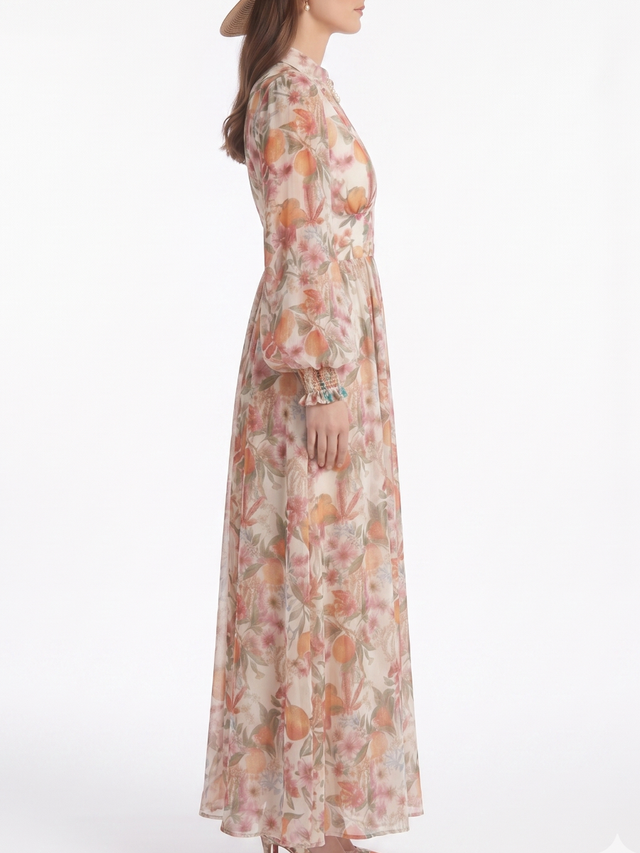 Cream Citrus & Floral Print Collared V-Neck Maxi Dress