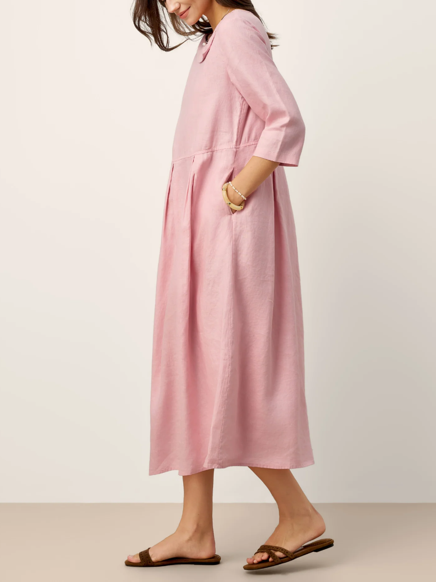 Elegant Pink Linen-Blend Midi Dress With Asymmetrical Button Collar