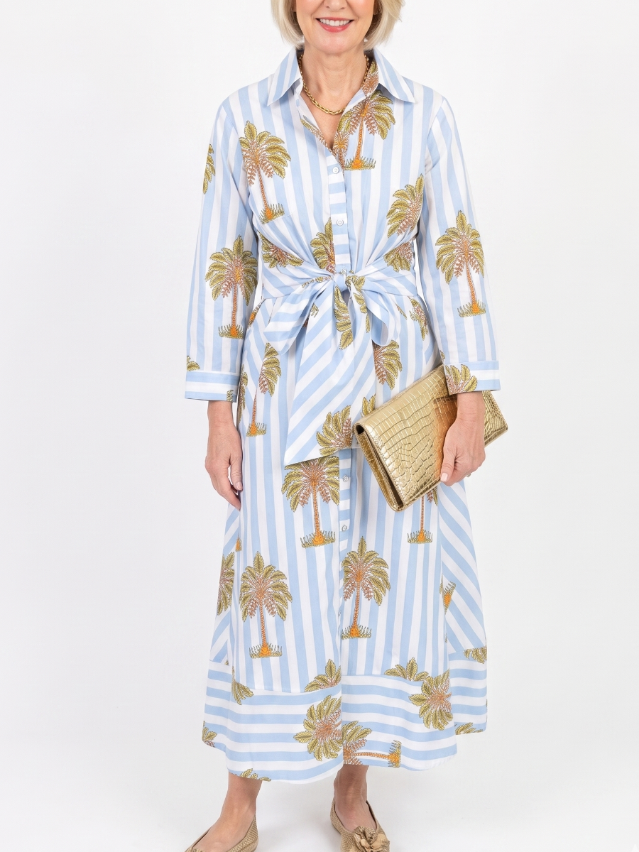 Blue & White Striped Palm Tree Print Tie-Waist Shirt Dress