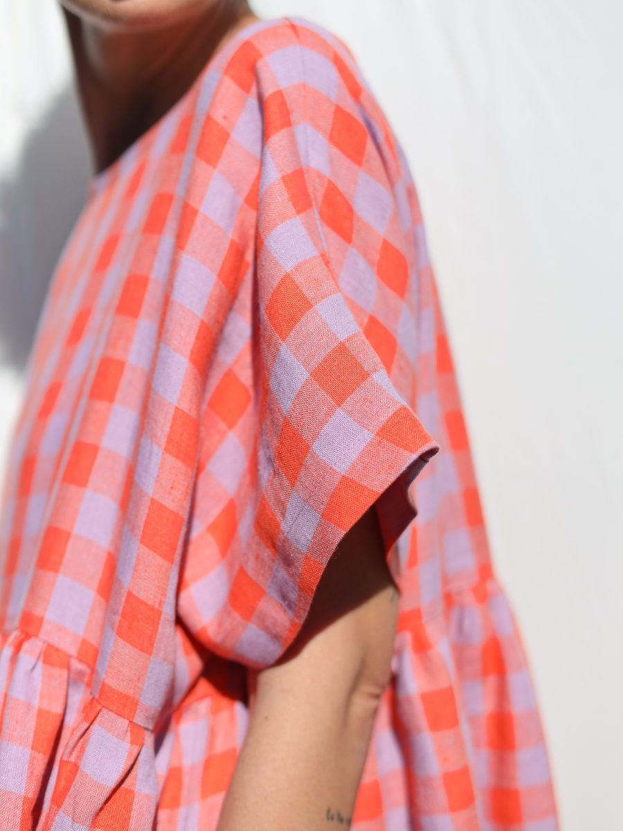 Oversized Red & Pink Gingham Smocked Midi Dress