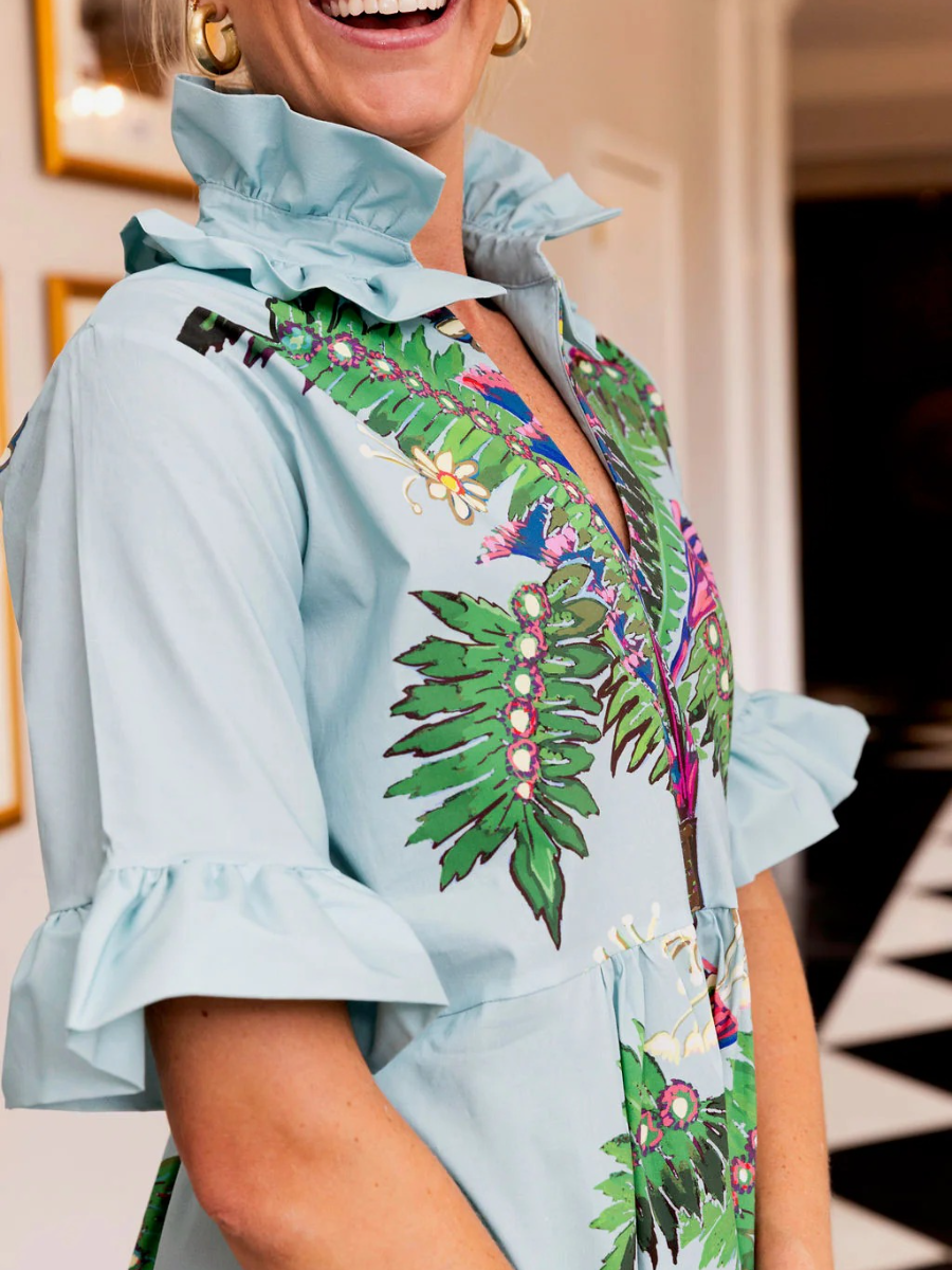Tropical Palm Print Ruffle Collar Midi Dress