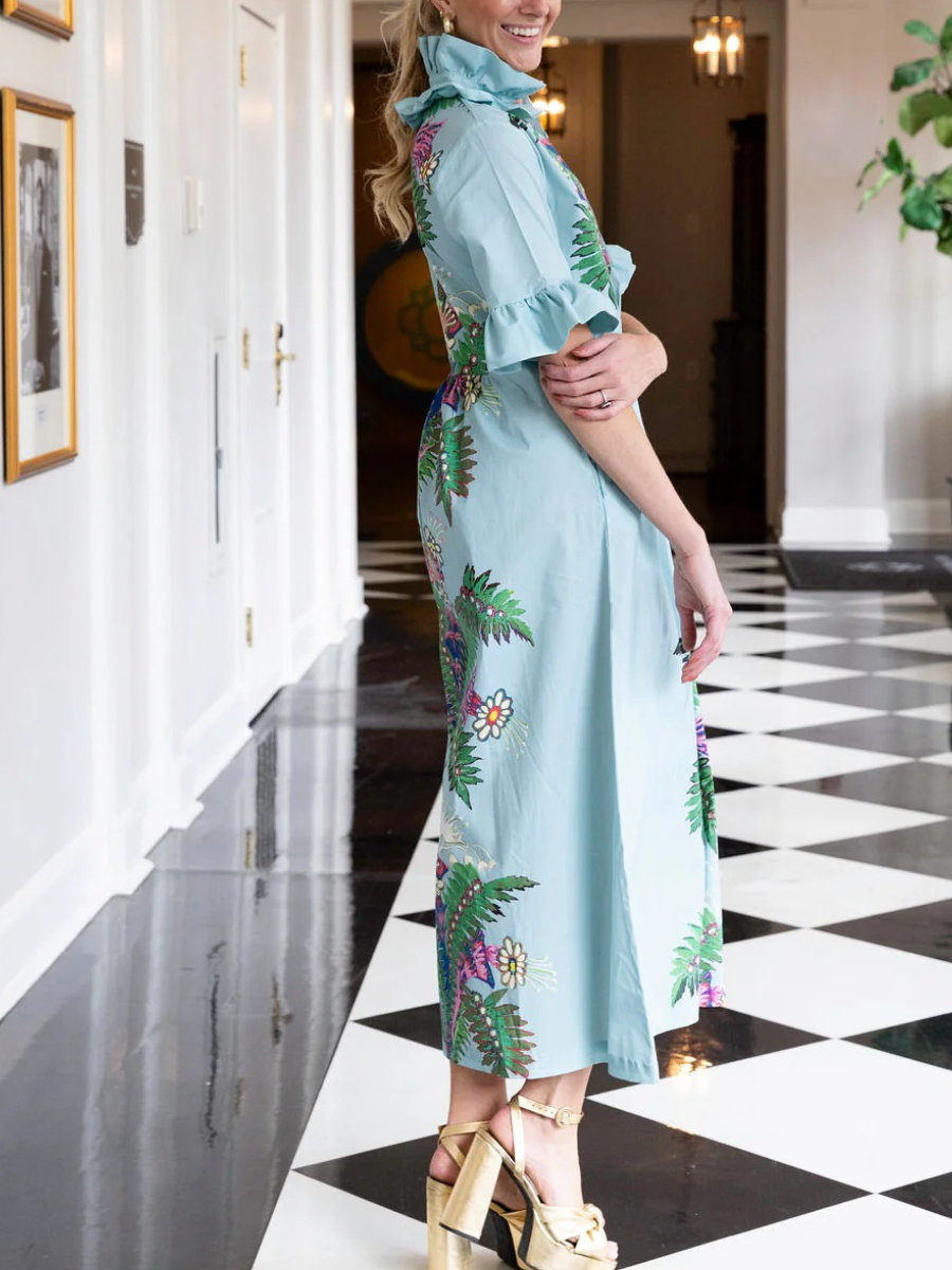 Tropical Palm Print Ruffle Collar Midi Dress