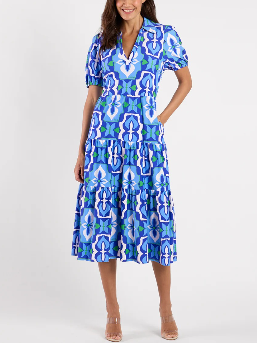 Cobalt Blue Geometric Tile Tiered Midi Dress
