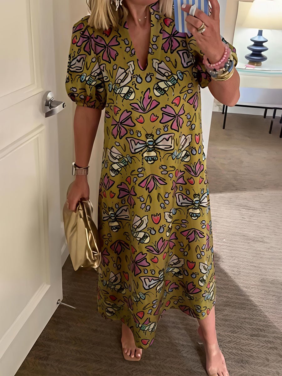 Printed V Neck Elastic Puff Sleeves Loose Maxi Dress - allsose