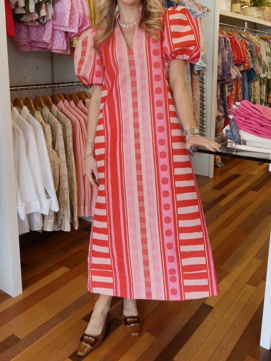 Printed V Neck Elastic Puff Sleeves Loose Maxi Dress - allsose